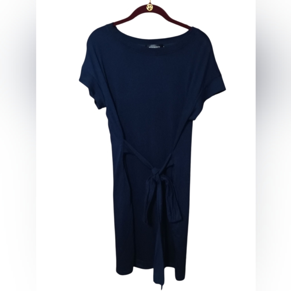 Merokewty Elegant Navy Midi Dress with Waist Tie Size Medium